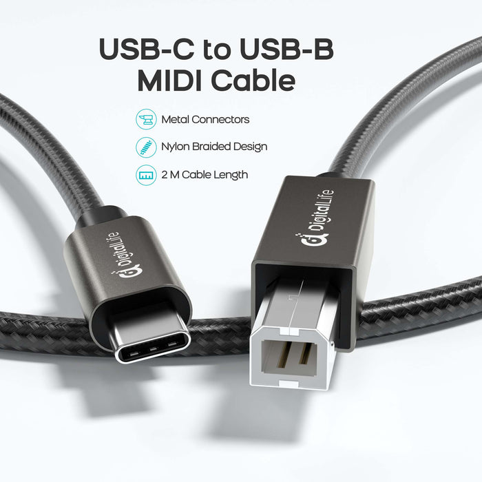 DigitalLife FlexMIDI Vortex USB C to USB B MIDI Cable 2m (4 Pack) | Compatible with USB Class-Compliant MIDI Keyboards, Synthesizers and DJ Controllers for Windows, macOS and Linux