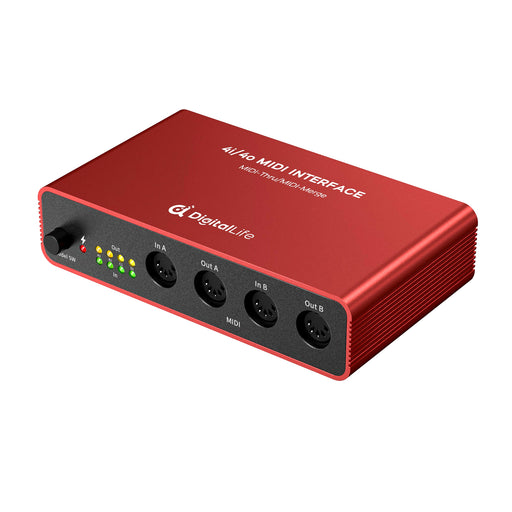 DigitalLife Quad-I/O 5-PIN DIN MIDI Interface - MIDI Thru Box (4-In/4-Out) & MIDI Merge Box (2-In/4-Out ), 8 x LED Indicators, Metal