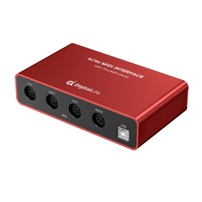 DigitalLife Quad-I/O 5-PIN DIN MIDI Interface - MIDI Thru Box (4-In/4-Out) & MIDI Merge Box (2-In/4-Out ), 8 x LED Indicators, Metal