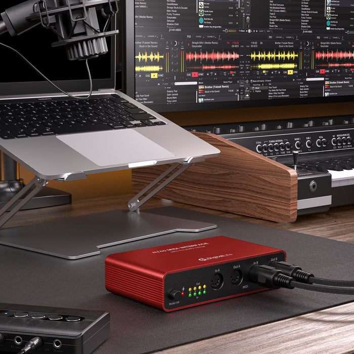 DigitalLife Quad-I/O 5-PIN DIN MIDI Interface - MIDI Thru Box (4-In/4-Out) & MIDI Merge Box (2-In/4-Out ), 8 x LED Indicators, Metal