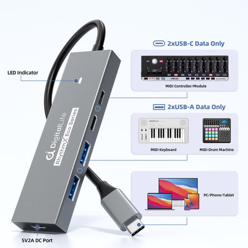 DigitalLife RhythmX Eco Series RX-10G USB-C Hub 10Gbps (2x USB-C + 2x USB-A) USB 3.2 Gen2 Multiport Adapter for Music Producers, MIDI Instruments, and Studio Workflows – Metal Design, OTG Compatible