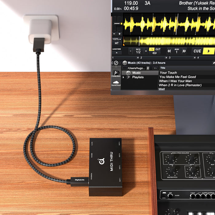 DigitalLife 1-In/5-Out 5-Pin DIN MIDI Thru Box (Thru-5-B, Metal)